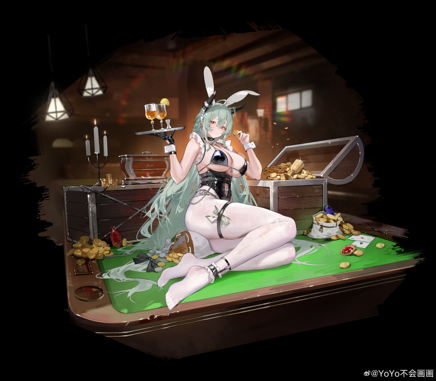 1girl absurdres animal_ears bikini bikini_top_only black_bikini black_gloves card coin corset cup drinking_glass fake_animal_ears food fruit girls&#039;_frontline gloves gold gold_coin green_hair headgear highres holding holding_tray lemon lemon_slice ltlx_7000_(girls&#039;_frontline) ltlx_7000_(macallan_intoxication)_(girls&#039;_frontline) money nontraditional_playboy_bunny official_alternate_costume official_art on_table pantyhose playing_card pool_table rabbit_ears red_eyes sack sitting solo swimsuit table thigh_strap tray treasure_chest tucked_money watermark weibo_username weibo_watermark white_pantyhose wrist_cuffs yokozuwari yoyo_(550098)