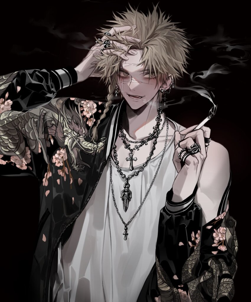 1boy aza_choubei black_background blonde_hair braid cigarette cross cross_necklace cross_patonce cross_patty cross_scar dark_background dragon earrings eastern_dragon hand_in_own_hair highres holding holding_cigarette jacket jewelry jigokuraku looking_at_viewer mono1010101 multiple_earrings multiple_necklaces multiple_rings necklace off_shoulder open_mouth ring scar scar_across_eye scar_on_face short_hair side_braid simple_background smile smoke smoking solo spiked_hair sukajan tank_top white_tank_top