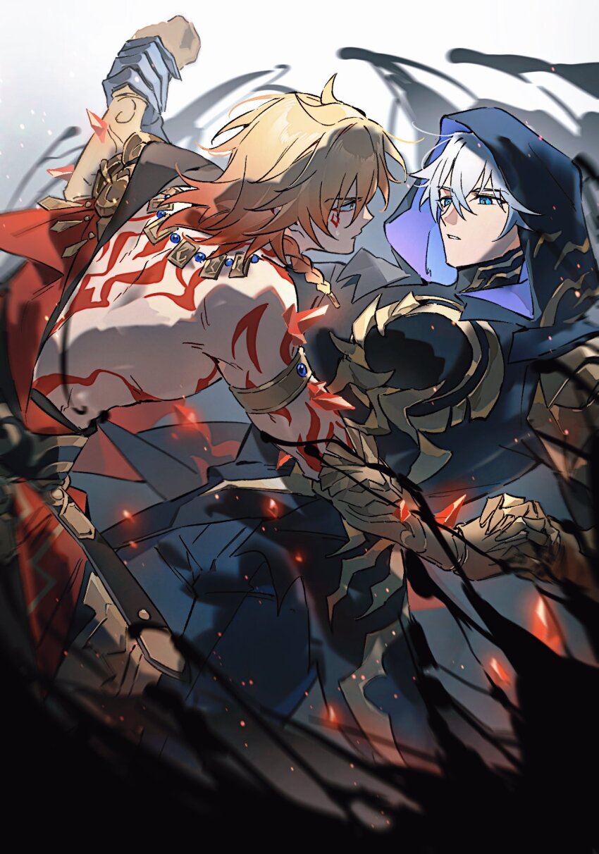 2boys arm_tattoo armlet armor armored_boots armored_gloves back_tattoo black_cloak black_coat black_pants blonde_hair blue_eyes boots braid cape clenched_teeth cloak coat constricted_pupils facial_tattoo flame_reaver_(honkai:_star_rail) gold_armlet gold_necklace gold_trim gradient_hair hair_between_eyes hand_grab hands_on_another&#039;s_hand highres honkai:_star_rail honkai_(series) hood hood_up hooded_cloak jewelry male_focus mask medium_hair multicolored_hair multiple_boys mydei_(honkai:_star_rail) necklace open_clothes open_coat osamu18568716 pants parted_lips pauldrons phainon_(honkai:_star_rail) red_cape red_hair red_tattoo shoulder_armor side_braid single_pauldron spoilers struggling surprised sweatdrop tattoo teeth toned toned_male unworn_mask white_background white_hair yellow_eyes
