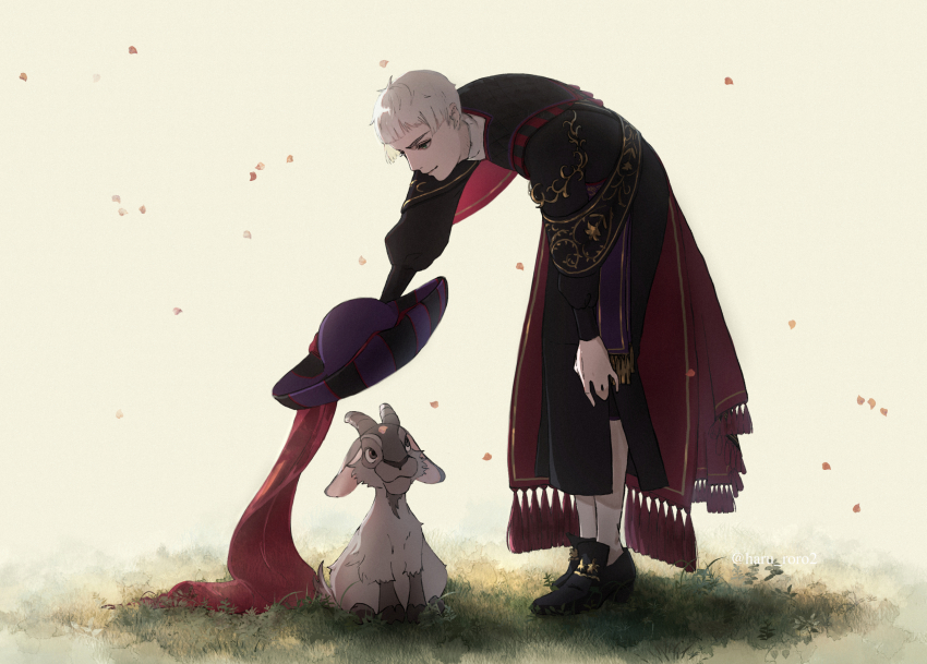 1boy black_robe black_shoes closed_mouth commentary_request full_body goat grey_hair hat highres leaning_forward long_sleeves looking_at_another male_focus outdoors puffy_sleeves purple_hat robe rollo_flamme roro_(haru_roro2) shoes socks standing striped_hat twisted_wonderland white_background white_socks