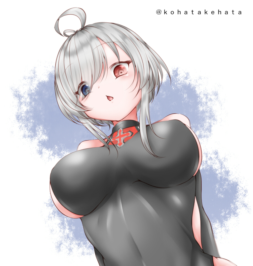 1girl ahoge artist_name azur_lane bare_shoulders black_one-piece_swimsuit blue_eyes breasts heterochromia kohatakehata large_breasts looking_at_viewer one-piece_swimsuit parted_lips red_eyes short_hair solo swept_bangs swimsuit u-552_(azur_lane) upper_body white_hair