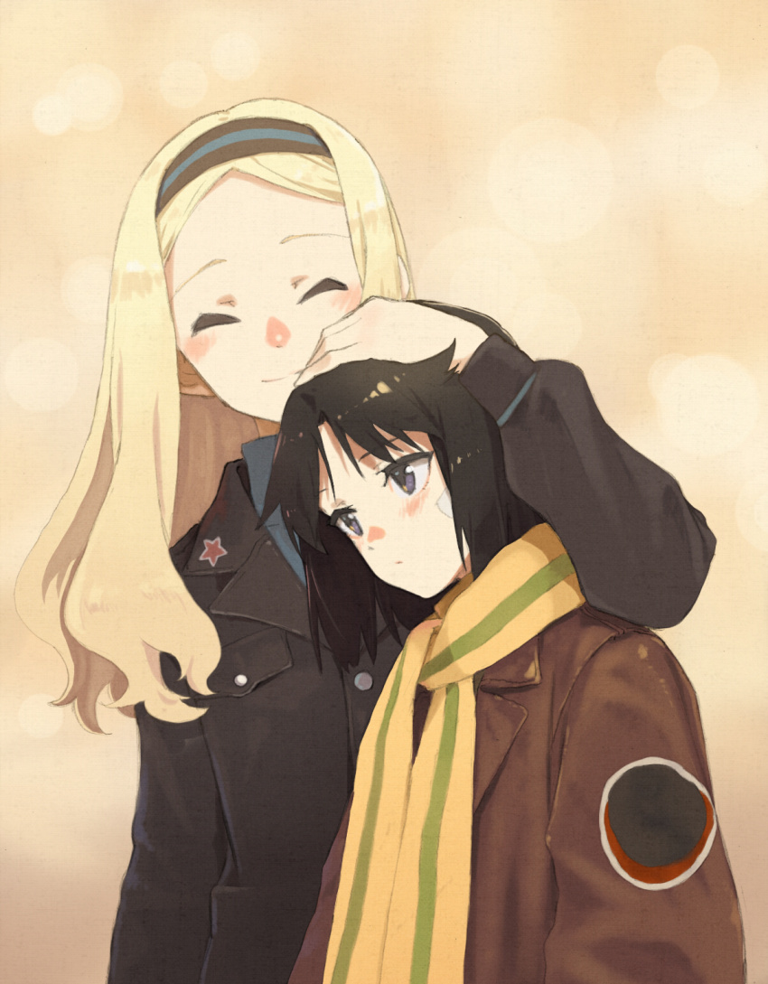 2girls aleksandra_i._pokryshkin bandage_on_face bandages black_hair black_jacket blonde_hair blue_eyes blue_shirt blush brave_witches brown_jacket closed_eyes closed_mouth collared_shirt commentary_request dot_mouth dot_nose eyebrows_hidden_by_hair green_scarf hand_on_another&#039;s_head headpat highres hug jacket kanno_naoe lapel_pin leather leather_jacket long_hair long_sidelocks long_sleeves medium_hair multiple_girls parted_bangs scarf shiratama_(hockey) shirt sidelocks smile star_(symbol) striped_clothes striped_scarf two-tone_scarf upper_body world_witches_series yellow_scarf