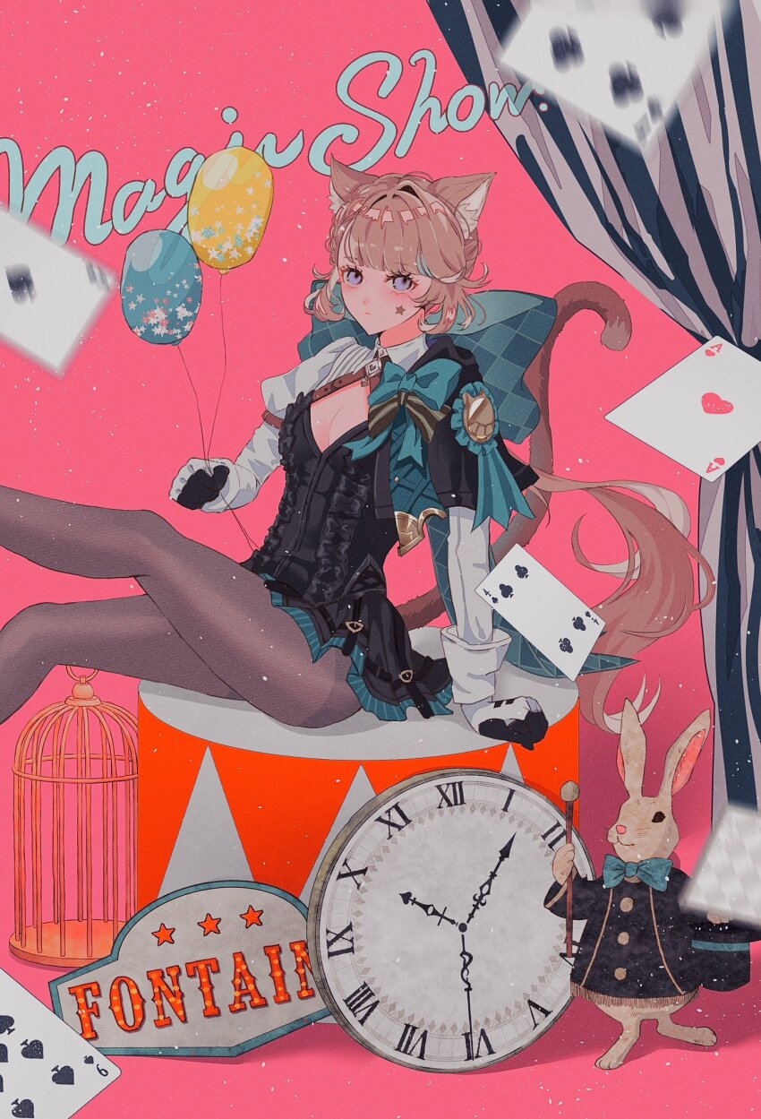 1girl ace_(playing_card) ace_of_hearts ace_of_spades analog_clock animal_ears arm_support balloon birdcage black_capelet blonde_hair blunt_bangs blush bow bowtie breasts cage capelet card cat_ears cat_tail cleavage_cutout clock closed_mouth clothing_cutout dress english_text facial_mark feet_out_of_frame four_of_clubs frilled_dress frills genshin_impact gloves hand_up hat heart highres holding holding_balloon juliet_sleeves legs_up long_hair long_sleeves low_ponytail lynette_(genshin_impact) nine_of_spades omochichi96 pantyhose parted_bangs playing_card ponytail puffy_sleeves purple_eyes rabbit short_dress shrug_(clothing) sign sitting small_breasts solo spade_(shape) star_(symbol) tail top_hat very_long_hair