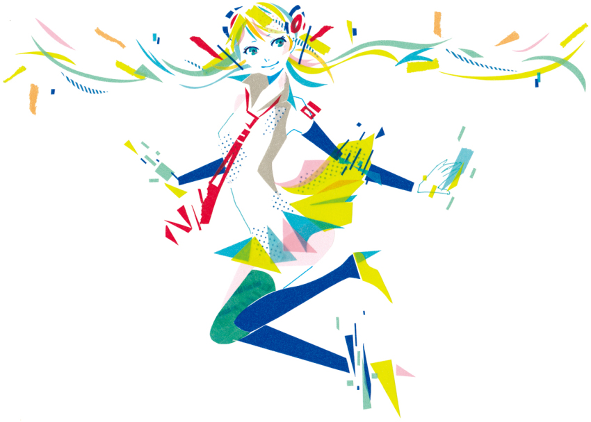 1girl abstract aqua_eyes aqua_hair bare_shoulders black_sleeves black_thighhighs blonde_hair collared_shirt commentary_request detached_sleeves floating_hair hair_ornament hatsune_miku high_heels long_hair looking_at_viewer masking_tape_(medium) mixed_media multicolored_hair necktie red_necktie ryono shirt shoes shoulder_tattoo skirt sleeveless sleeveless_shirt smile solo tattoo thighhighs traditional_media twintails unconventional_media very_long_hair vocaloid white_background white_shirt yellow_shoes yellow_skirt