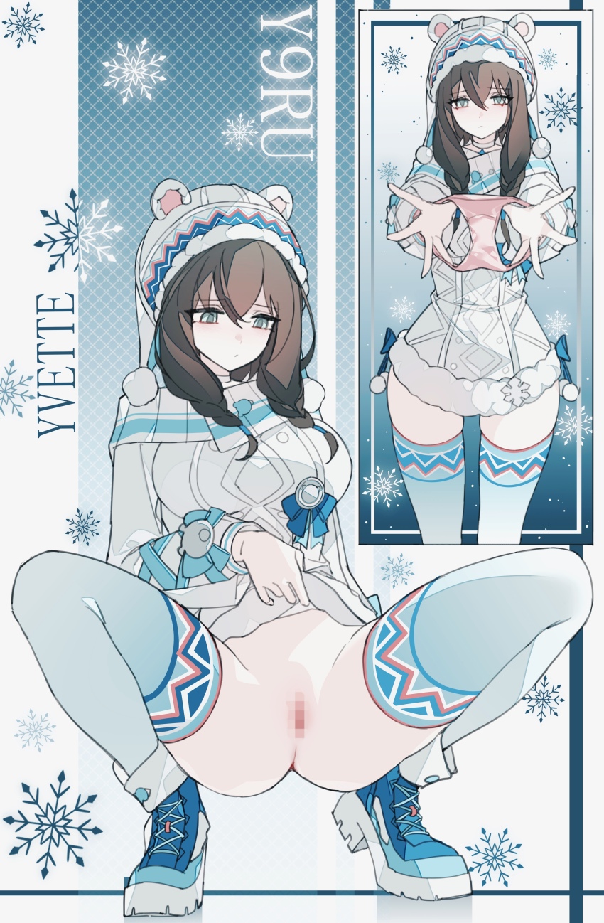 1girl absurdres animal_ear_headwear animal_ears artist_name bear_ears black_hair blue_shoes braided_sidelocks censored character_name closed_mouth clothes_lift fake_animal_ears frown full_body fur-trimmed_headwear fur-trimmed_jacket fur_trim hair_between_eyes hat highres holding holding_panties holding_underwear holding_unworn_clothes jacket jacket_lift long_sleeves looking_at_viewer medium_hair mosaic_censoring multiple_views official_alternate_costume panties pink_panties pom_pom_hat_ornament presenting_removed_panties pussy shoes sidelocks snowflake_background squatting strinova thighhighs underwear unworn_panties white_hat white_jacket white_thighhighs yexinhan yvette_(snow_elf)_(strinova) yvette_(strinova)