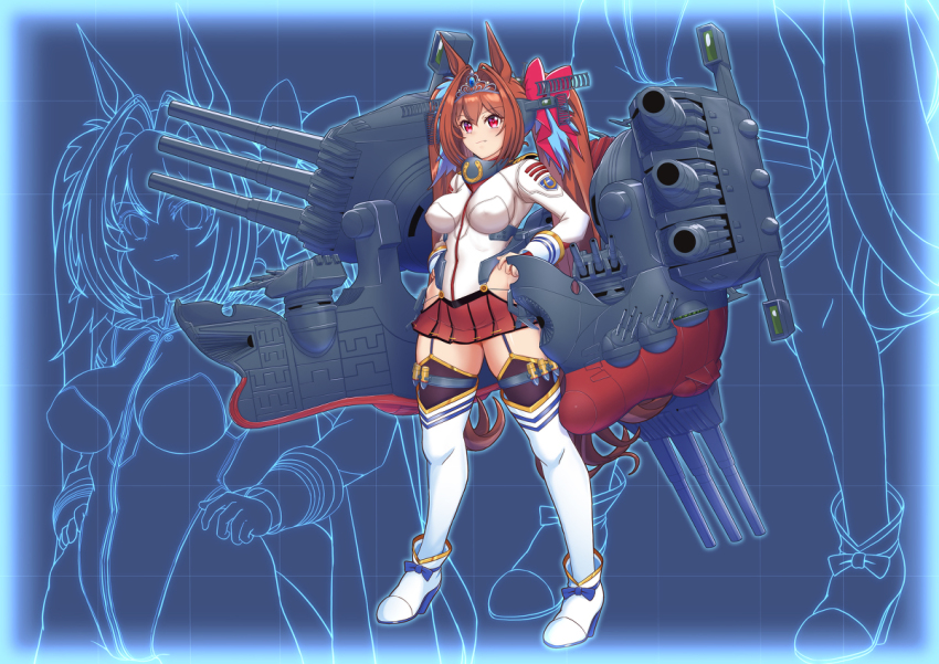 1girl animal_ears blue_background breasts brown_hair closed_mouth collar cosplay daiwa_scarlet_(umamusume) full_body hair_intakes hair_tie hand_on_own_hip headgear hip_vent horse_ears horse_girl horse_tail jacket kantai_collection large_breasts long_hair metal_collar moke_ro name_connection pleated_skirt purple_eyes range_finder red_skirt rigging ship_turret skirt solo standing tail thighhighs tiara trait_connection twintails uchuu_senkan_yamato uchuu_senkan_yamato_2199 umamusume very_long_hair white_jacket white_thighhighs yamato_(kancolle) yamato_(kancolle)_(cosplay)
