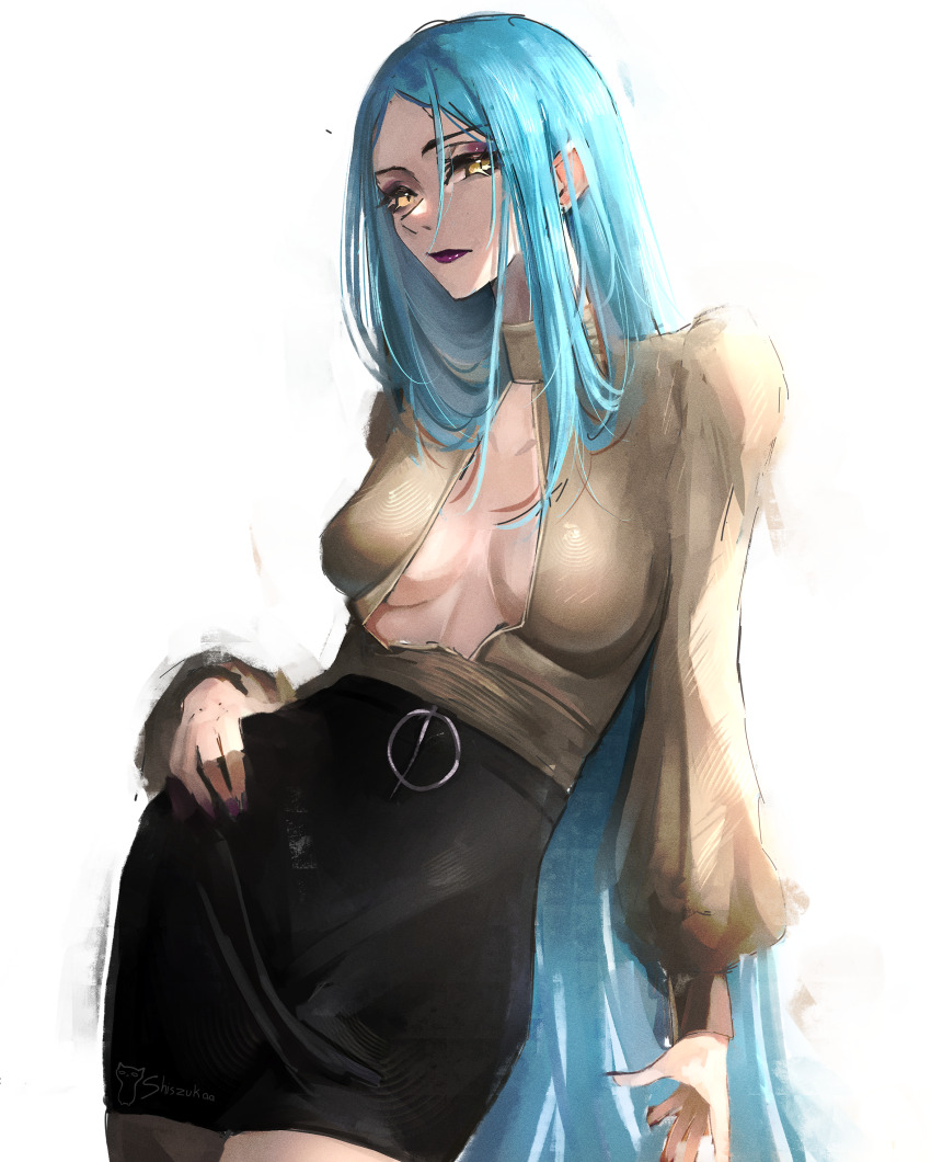 1girl absurdres aqua_hair breasts breasts_apart clasp collarbone eyeshadow hair_between_eyes hand_on_own_hip highres jagged_sclera light_frown long_hair long_sleeves looking_at_viewer makeup medium_breasts nail_polish open_hand original parted_bangs pencil_skirt puffy_long_sleeves puffy_sleeves purple_eyeshadow red_lips shirt shiszukaa signature simple_background skirt slit_pupils solo straight_hair very_long_hair white_background yellow_eyes