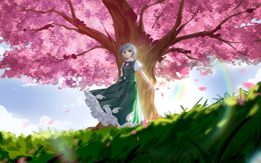 1girl absurdres black_bow black_bowtie black_hairband blue_sky bow bowtie cherry_blossoms cloud collared_shirt commentary_request day falling_petals frilled_skirt frills grass green_eyes green_skirt green_vest grey_hair hairband highres hitodama_print konpaku_youmu looking_at_viewer outdoors ox-gear-xo petals pink_petals puffy_short_sleeves puffy_sleeves shirt short_hair short_sleeves skirt skirt_set sky solo touhou tree vest white_shirt