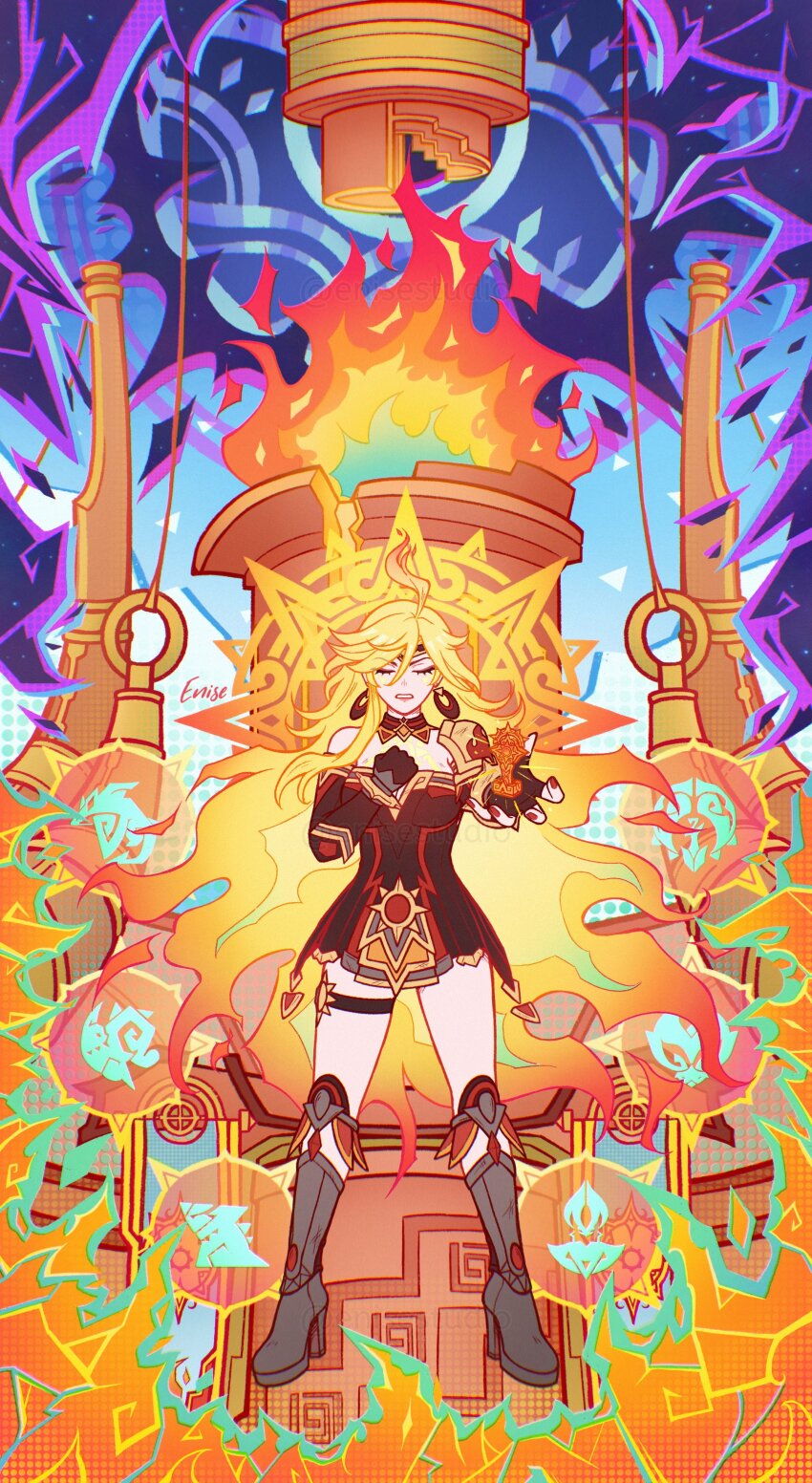 1girl absurdres ahoge bare_shoulders black_boots black_dress black_gloves blonde_hair boots breasts clenched_teeth closed_eyes commentary dress earrings english_commentary enise fiery_hair fingerless_gloves fire genshin_impact gloves gnosis_(genshin_impact) hair_between_eyes hand_on_own_chest high_heel_boots high_heels highres jewelry long_hair looking_at_viewer mavuika_(&quot;sunset&quot;)_(genshin_impact) mavuika_(genshin_impact) medium_breasts reaching reaching_towards_viewer red_dress signature solo teeth tiara two-tone_dress very_long_hair