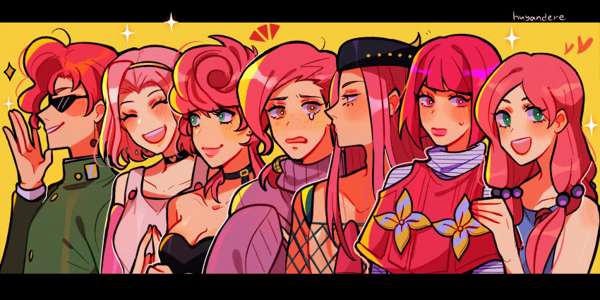 absurdres artist_name black_bra black_choker blue_eyes bob_cut bra breasts capelet cherry_earrings choker cleavage color_connection commentary diamond_wa_kudakenai dress earrings english_commentary fishnet_top fishnets food-themed_earrings food_themed_earrings gakuran hair_bobbles hair_color_connection hair_ornament hairband highres hirose_yasuho horned_hat hot_pants_(sbr) huyandere jewelry jojo_no_kimyou_na_bouken jojolion kakyoin_noriaki letterboxed medium_breasts narciso_anasui outside_border pink_capelet pink_dress pink_eyes pink_hair purple_sweater school_uniform short_hair signature sparkle sparkling_aura stardust_crusaders steel_ball_run stone_ocean sugimoto_reimi sunglasses sweater trish_una turtleneck turtleneck_sweater underwear vento_aureo vinegar_doppio yellow_hairband