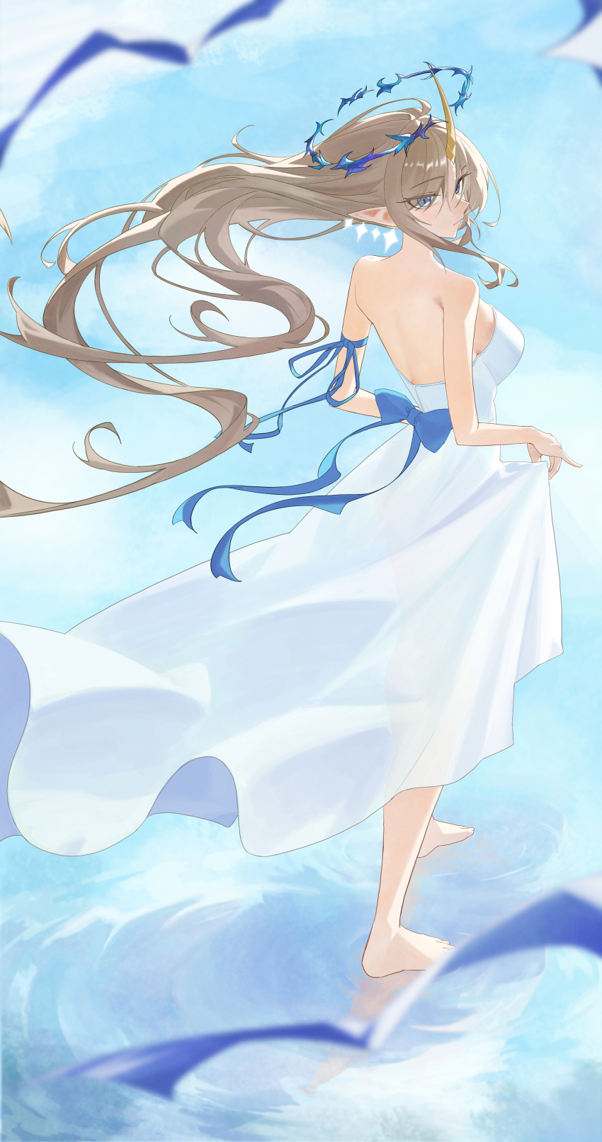 1girl absurdres alternate_costume back backless_dress backless_outfit bare_shoulders barefoot blonde_hair blue_eyes breasts commentary crown_of_thorns dress earrings evelyn_(evelyn_s072) feet fleurdelys_(wuthering_waves) floating_earrings full_body highres horns jewelry large_breasts long_dress long_hair long_horns looking_at_viewer pointy_ears reflection reflective_water sidelocks single_horn solo tacet_mark_(wuthering_waves) toes very_long_hair white_dress wuthering_waves yellow_horns