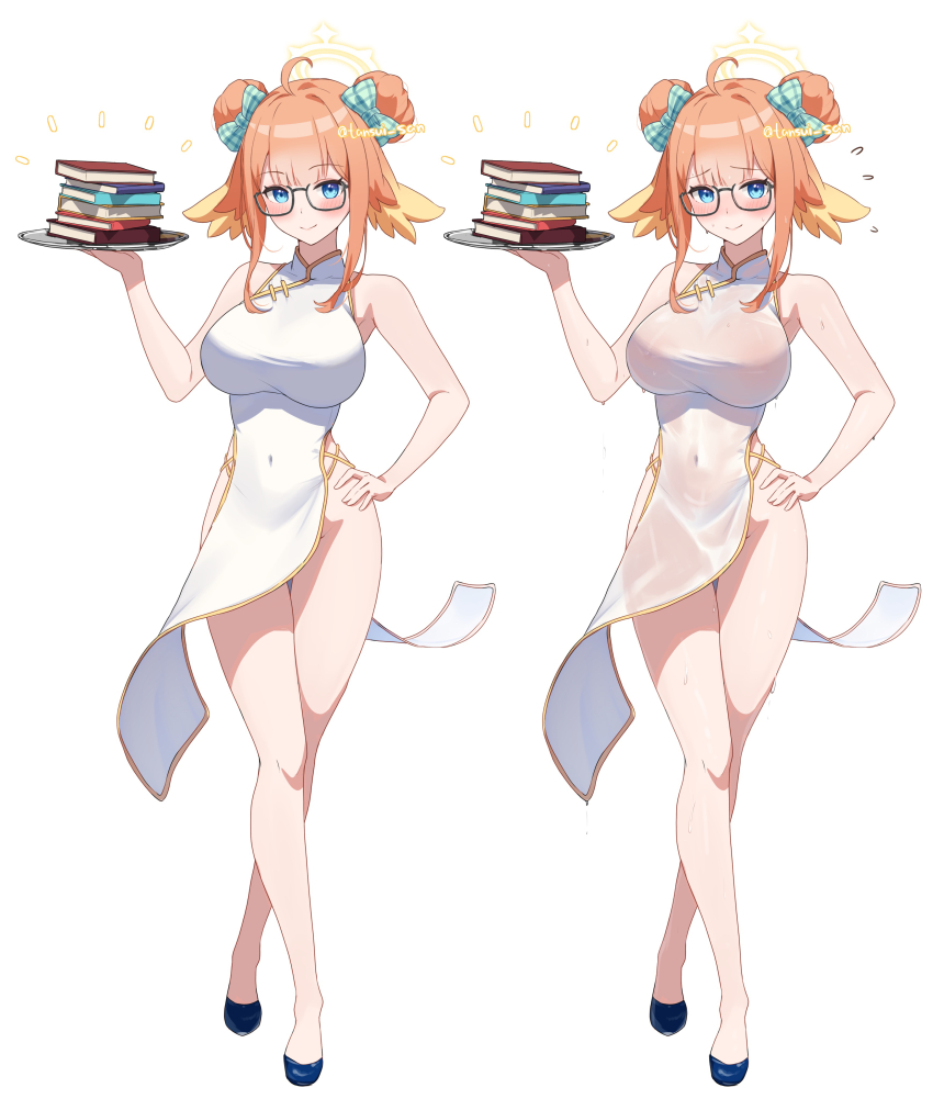 1girl absurdres ahoge black-framed_eyewear blue_archive blue_eyes blush book book_stack breasts china_dress chinese_clothes closed_mouth covered_navel crossed_legs double_bun dress embarrassed feather_hair flying_sweatdrops full_body gingham_bow glasses hair_bun halo hand_on_own_hip highres holding holding_tray large_breasts looking_at_viewer navel nose_blush orange_hair pelvic_curtain qipao_dress semi-rimless_eyewear shimiko_(blue_archive) simple_background sleeveless sleeveless_dress smile standing sweat sweaty_clothes tansui_san_(tcjp4784) thighs tray very_sweaty wet wet_clothes wet_dress white_background white_dress yellow_halo