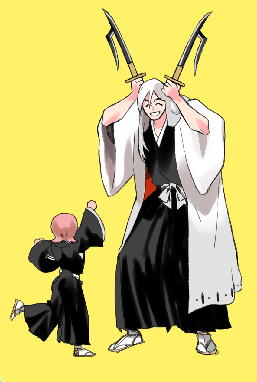 1boy 1girl :d ^_^ absurdres arm_up black_kimono bleach child clenched_hand closed_eyes commentary_request double-parted_bangs dual_wielding facing_another fist_pump full_body grin hair_between_eyes hair_over_shoulder hands_up haori happy height_difference highres holding holding_sword holding_weapon japanese_clothes kimono kusajishi_yachiru long_hair long_sleeves mature_male open_mouth pink_hair sandals short_hair simple_background smile sougyo_no_kotowari_(shikai) standing standing_on_one_leg sword tabi ukitake_juushirou user_dsgn7538 weapon white_hair wide_sleeves yellow_background