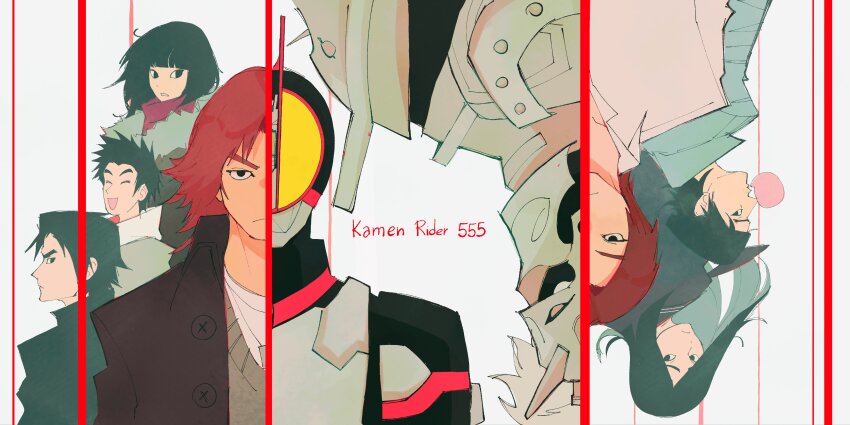 2girls 4th_chaos_emerald 5boys absurdres angry beret border chewing_gum coat denim denim_jacket english_text frown hair_flowing_over hat highres horse_orphnoch inui_takumi jacket kaidou_naoya kamen_rider kamen_rider_555 kamen_rider_faiz kiba_yuji kikuchi_keitaro kusaka_masato light_frown long_hair looking_at_viewer looking_back looking_to_the_side mask medium_hair monster multiple_boys multiple_girls osada_yuka red_border scarf sonoda_mari spiked_hair thick_eyebrows upside-down