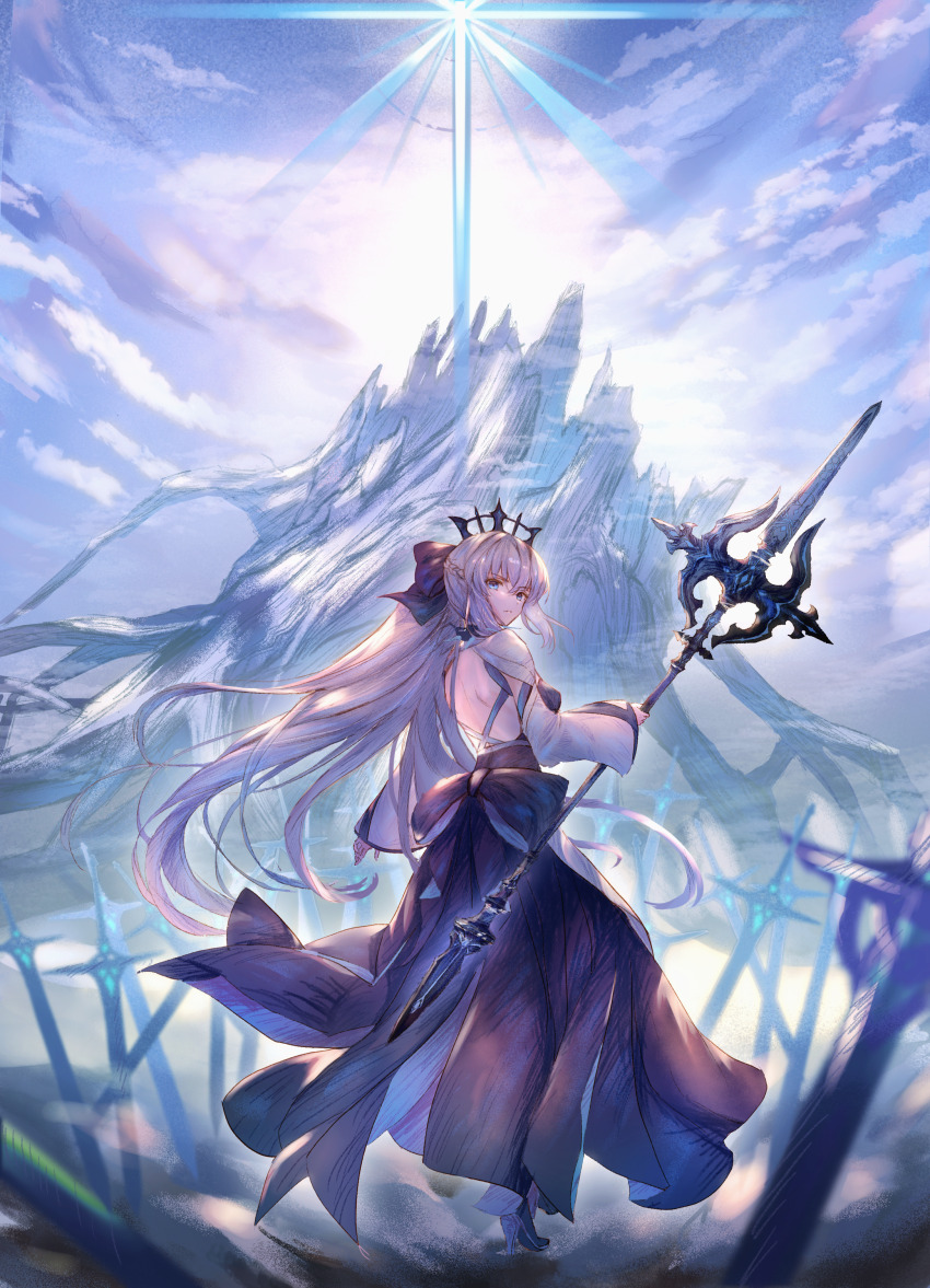 1girl absurdres avalon_le_fae_(fate/grand_order) backless_dress backless_outfit black_bow black_dress blue_eyes blue_sky bow closed_mouth cloud commentary_request day dress fate/grand_order fate_(series) floating_hair from_behind grey_hair hair_bow heartunder_hub highres holding holding_staff holding_weapon looking_at_viewer morgan_le_fay_(fate) morgan_le_fay_(third_ascension)_(fate) outdoors planted planted_sword planted_weapon ponytail sky solo staff sword two-tone_dress weapon white_dress white_sleeves