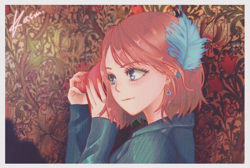 1girl blue_eyes blue_jacket commentary earrings eunha_(gfriend) feathers gfriend highres jacket jewelry k-pop kasurinjung long_sleeves looking_ahead profile real_life ring short_hair signature smile solo upper_body