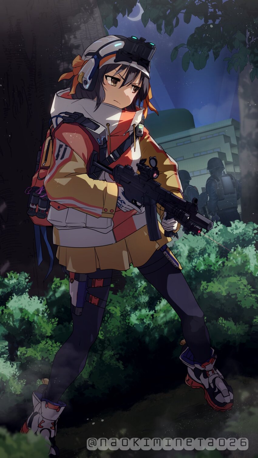 1girl 2others alternate_costume artist_name assault_gun backpack bag black_pants brown_eyes brown_hair building bush coat commentary_request commission full_body gloves gun handgun helmet highres holding holding_gun holding_weapon holster laser laser_pointer_projection laser_sight long_sleeves medium_hair mineta_naoki multicolored_coat multiple_others night_vision_device outdoors pants scope shoes skeb_commission sneakers solo_focus standing suzumiya_haruhi suzumiya_haruhi_no_yuuutsu thigh_holster tree twitter_username watermark weapon white_footwear white_gloves white_headwear