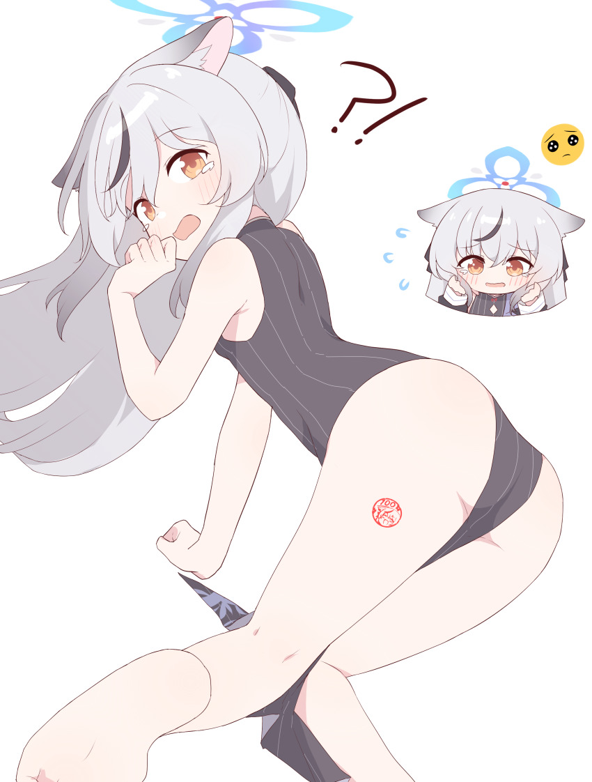 !? 1girl above-cleavage_cutout absurdres animal_ear_fluff animal_ears arm_support ass bare_arms bare_legs barefoot bent_over black_bow black_dress blue_archive blue_halo blush bow breasts chibi chibi_inset china_dress chinese_clothes clothing_cutout crying crying_with_eyes_open diamond_cutout dithering dress embarrassed emoji extra_ears feet floppy_ears flying_sweatdrops from_behind grey_hair hagoonha hair_between_eyes hair_bow hair_over_one_eye halo hand_up hands_up highres holding holding_own_hair kneepits kokona_(blue_archive) loli long_hair looking_at_viewer multicolored_hair no_panties orange_eyes pelvic_curtain side_slit sidelocks simple_background sleeveless sleeveless_dress small_breasts soles solo stamp_mark streaked_hair striped_dress tearing_up tears thighs tiger_ears vertical-striped_clothes vertical-striped_dress very_long_hair white_background