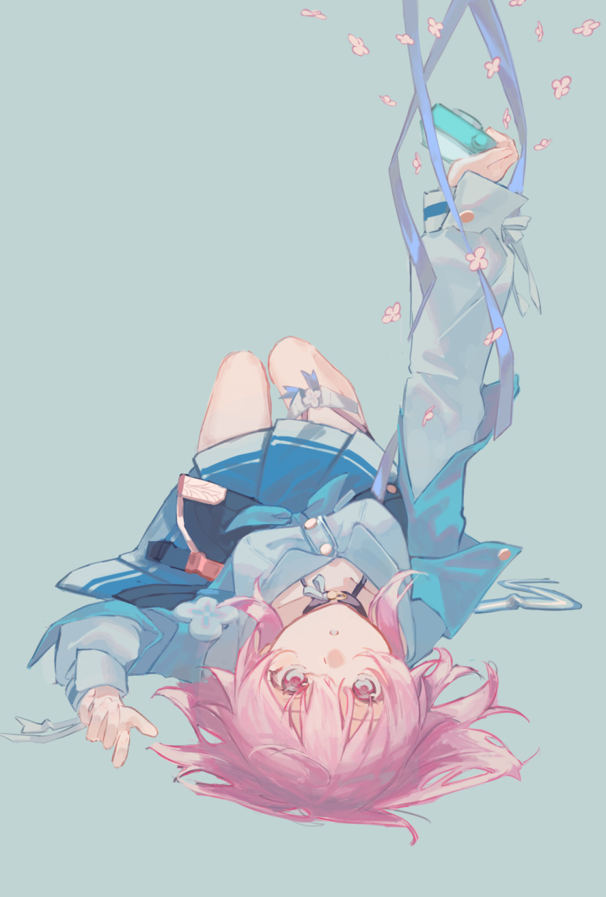1girl akaguchi_35 black_overskirt blue_eyes blue_jacket blue_skirt breasts camera commentary_request flower_ornament highres holding holding_camera honkai:_star_rail honkai_(series) jacket long_sleeves looking_at_viewer lying march_7th_(honkai:_star_rail) march_7th_(preservation)_(honkai:_star_rail) medium_breasts miniskirt multicolored_eyes on_back overskirt parted_lips pink_eyes pink_hair pink_pupils pleated_skirt shirt skirt solo thigh_strap tied_jacket two-tone_eyes underbust white_shirt