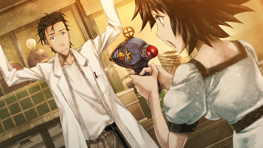 1boy 1girl adam&#039;s_apple aiming aqua_eyes at_gunpoint beard_stubble belt betrayal black_belt black_hair black_trim blue_dress blue_eyes breast_pocket breasts brown_pants clenched_teeth coat collarbone constricted_pupils dress dutch_angle facial_hair game_cg grey_eyes hands_up highres holding_toy_gun huke lab_coat lapels leather_belt long_sleeves medium_breasts medium_hair messy_hair nape non-web_source notched_lapels object_in_pocket official_art okabe_rintarou open_mouth pants parted_lips pen_in_pocket pocket puffy_short_sleeves puffy_sleeves ringed_eyes shiina_mayuri shirt shirt_partially_tucked_in short_sleeves sideboob square_pupils steins;gate steins;gate:_linear_bounded_phenogram stubble surprised t-shirt tareme teeth tongue toy_gun underboob white_coat white_shirt