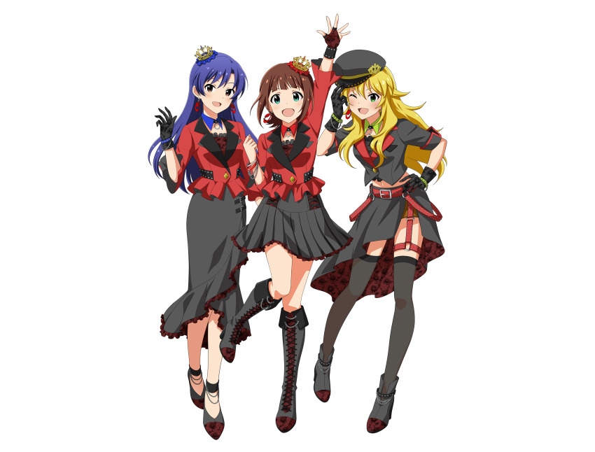 3girls amami_haruka belt blonde_hair blue_hair boots brown_eyes brown_hair chain crown earrings fingerless_gloves floral_print frilled_skirt frills gloves green_eyes hat high_heel_boots high_heels highres hoshii_miki idol_clothes idolmaster idolmaster_million_live! idolmaster_million_live!_theater_days jacket jewelry kisaragi_chihaya lace-up_boots long_skirt mini_crown multiple_girls navel official_art one_eye_closed open_mouth pleated_skirt promotional_art skirt thighhighs transparent_background