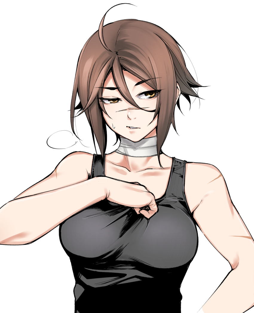 1girl adjusting_clothes adjusting_shirt ahoge bare_shoulders black_tank_top breasts breath brown_hair clenched_teeth collarbone commentary commentary_request embarrassed fate/grand_order fate_(series) highres long_bangs looking_to_the_side medium_breasts messy_hair multiple_scars one_eye_narrowed pale_skin parted_lips raised_eyebrow scar scar_on_arm scar_on_face scar_on_nose scar_on_shoulder shirt solo sugitani_zenjubou_(fate) sweatdrop takenaka_hideo tank_top teeth tomboy toned toned_female white_background yellow_eyes