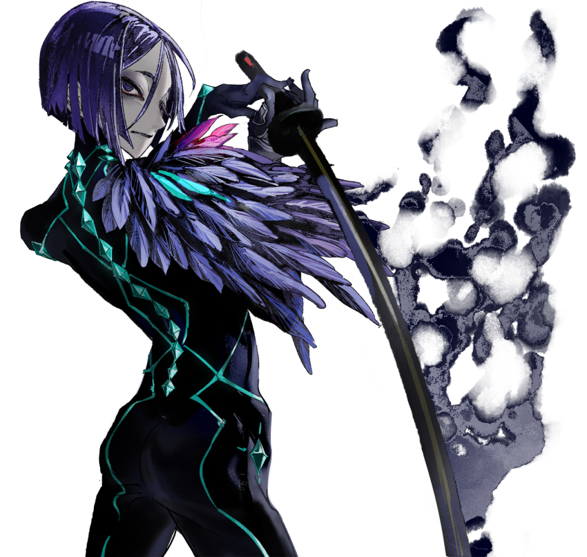 1girl back bags_under_eyes black_bodysuit black_eyes black_fire bodysuit cowboy_shot fate/samurai_remnant fate_(series) fire flaming_sword flaming_weapon highres holding holding_sword holding_weapon katana looking_at_viewer looking_back neon_trim odsheels parted_bangs purple_hair short_hair simple_background solo sword ushi_gozen_(fate) ushi_gozen_(rider)_(fate) weapon white_background