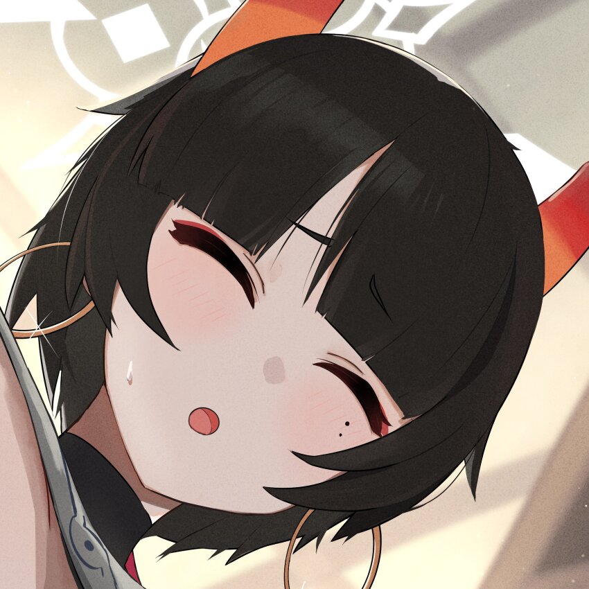 1girl black_hair blue_archive closed_eyes earrings gradient_horns halo highres hoop_earrings horns jewelry kyurosuku medium_hair mole mole_under_eye multicolored_horns niya_(blue_archive) open_mouth orange_horns solo sweat sweatdrop upper_body white_halo
