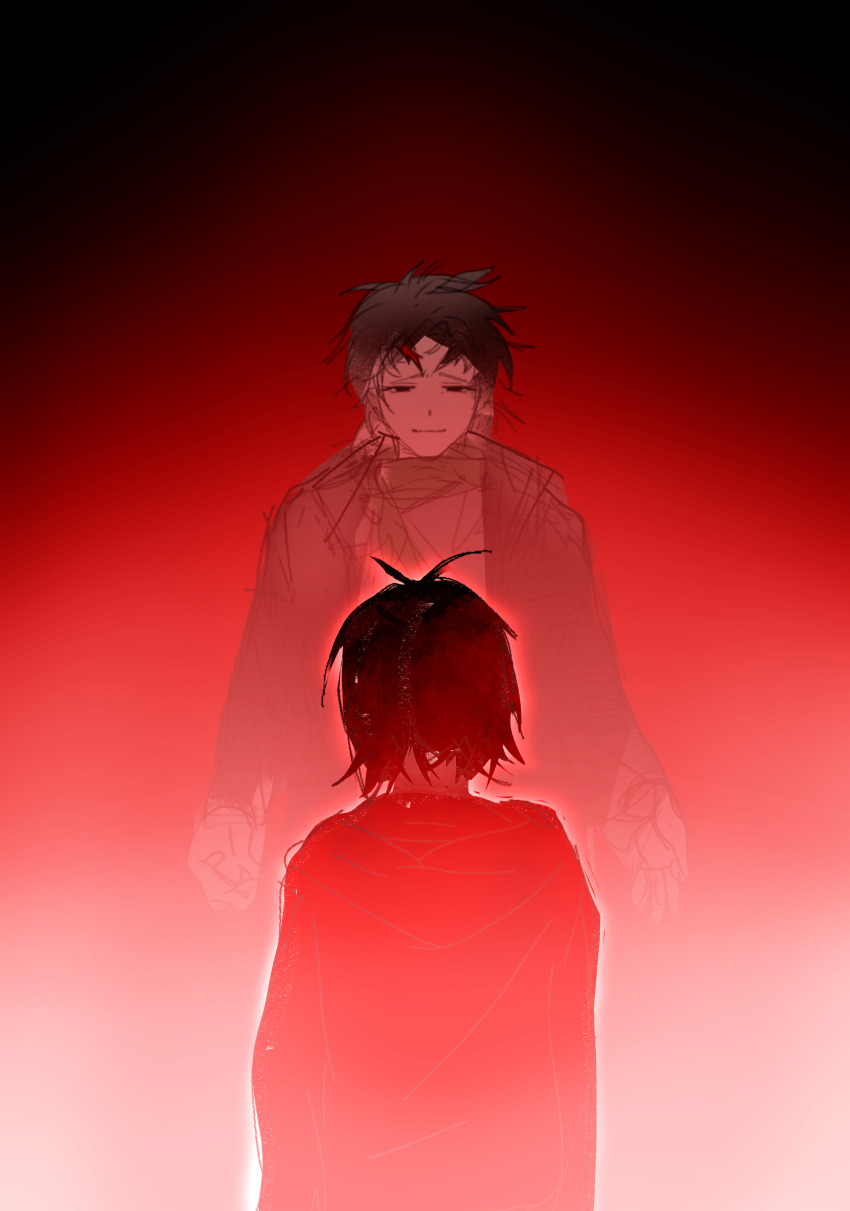 2boys absurdres antenna_hair chinese_commentary closed_mouth commentary_request father_and_son harada_minoru heibaihuabing highres hood hood_down hoodie isoi_haruki jacket long_sleeves male_focus monochrome multiple_boys open_clothes open_jacket red_theme saibou_shinkyoku scar scar_on_face scar_on_forehead scarf short_hair sketch