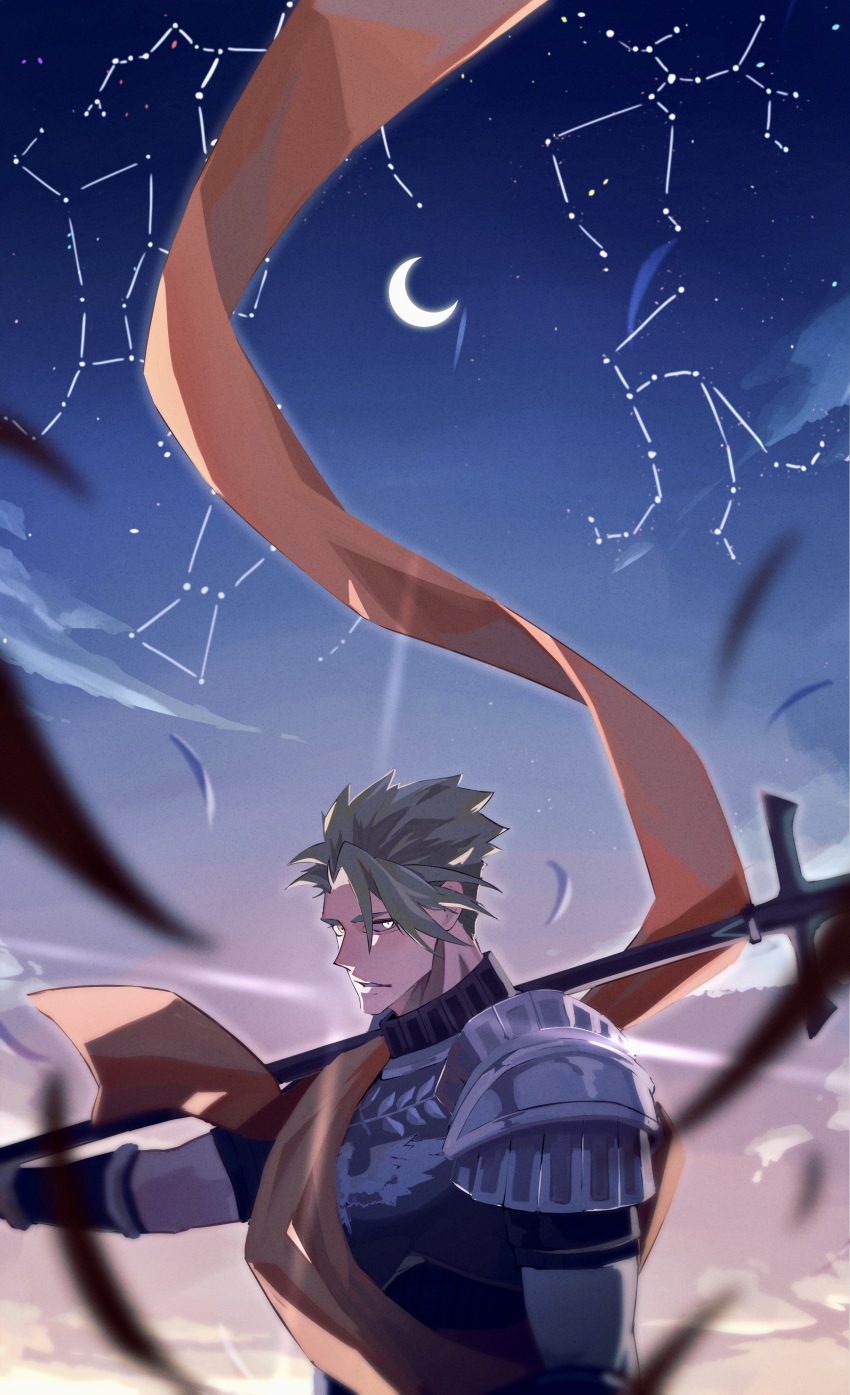 1boy absurdres achilles_(fate) armor constellation crescent_moon fate/grand_order fate_(series) haruakira highres holding holding_polearm holding_weapon lance lens_flare male_focus mature_male moon night night_sky orange_sash over_shoulder parted_lips partisan_(weapon) pauldrons polearm sagittarius_(constellation) sash short_hair shoulder_armor sky solo star_(sky) undercut upper_body weapon weapon_over_shoulder yellow_eyes