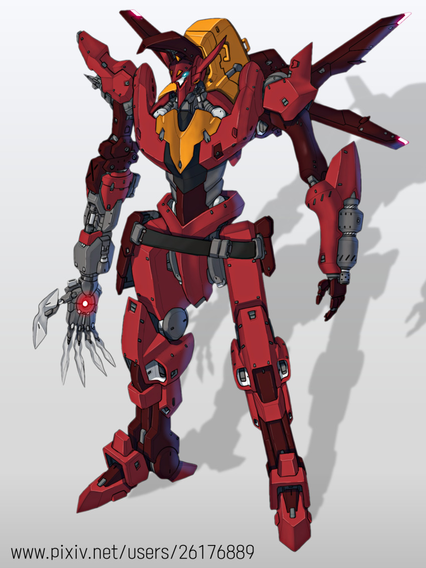 asymmetrical_arms blue_eyes code_geass csg full_body glowing glowing_eye grey_background guren_(code_geass) guren_mk-ii highres knightmare_frame mecha no_humans open_hands robot science_fiction shadow solo standing watermark web_address