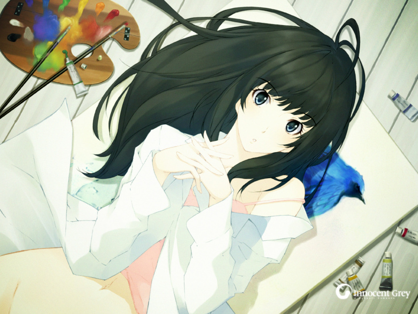 1girl bird black_hair blue_bird blue_eyes bottomless camisole company_name dress_shirt highres innocent_grey interlocked_fingers kara_no_shoujo kuchiki_touko long_hair looking_at_viewer lying no_panties official_art on_back on_floor open_clothes open_mouth open_shirt own_hands_together paint_tube paintbrush painting_(object) paint_palette pink_camisole shirt solo sugina_miki white_shirt wooden_floor