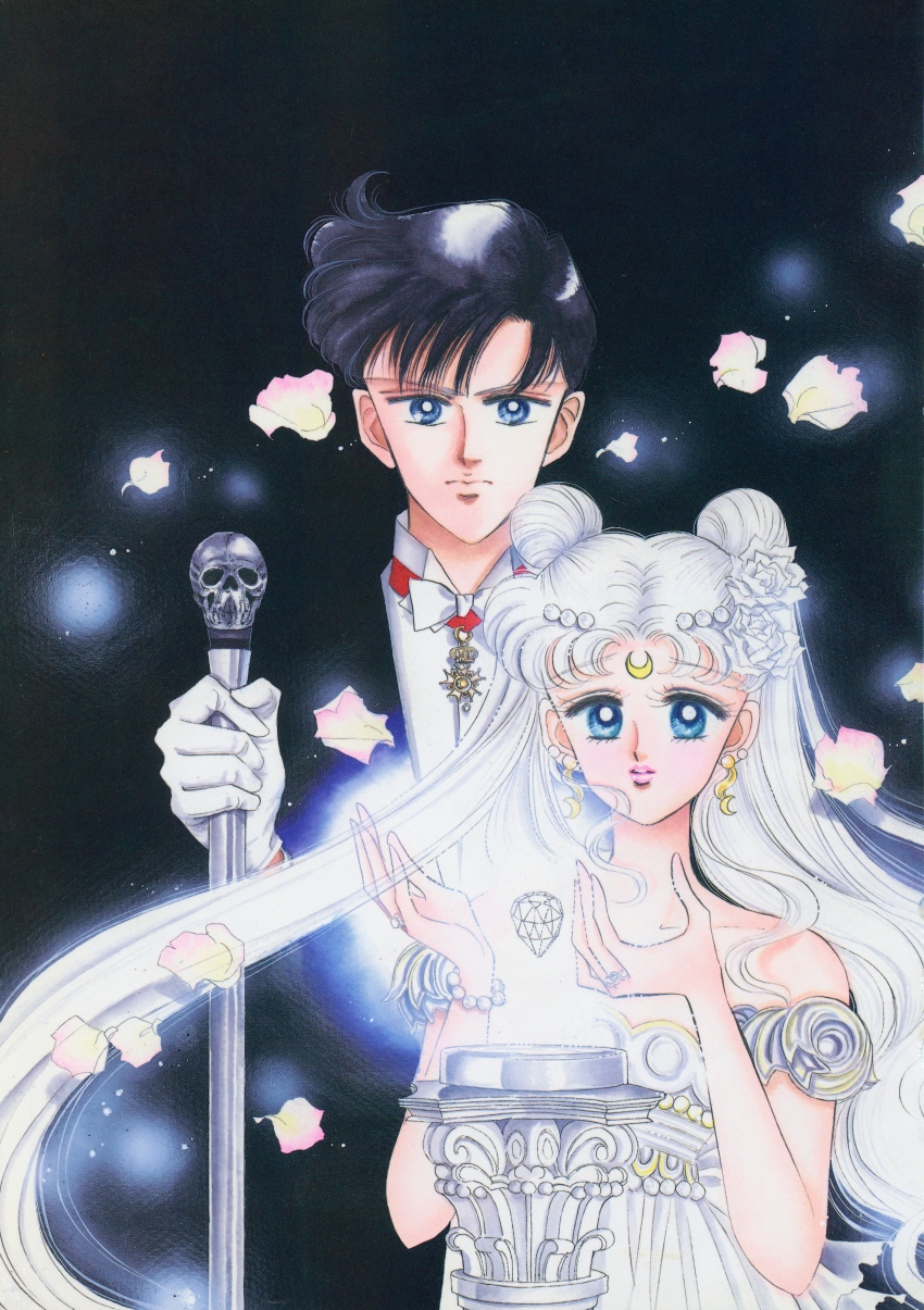 1990s_(style) 1boy 1girl absurdres artbook bishoujo_senshi_sailor_moon black_hair blue_eyes bracelet closed_mouth crescent crescent_facial_mark double_bun endymion_(sailor_moon) facial_mark falling_petals floating floating_object forehead_mark gloves hair_bun hands_up height_difference highres holding incredibly_absurdres jewelry lips long_hair maboroshi_no_ginzuishou middle_part off_shoulder official_art petals pink_lips pink_petals prince princess princess_serenity retro_artstyle scan short_hair single_bare_shoulder split_mouth straight-on takeuchi_naoko upper_body very_short_hair white_gloves white_hair