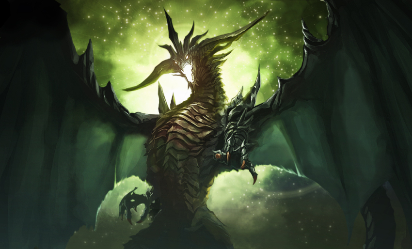 bahamut_(shingeki_no_bahamut) black_scales dragon fantasy glowing glowing_eyes glowing_mouth hanekura_bou horns oversized_wings light monster multiple_horns no_humans shingeki_no_bahamut western_dragon wings