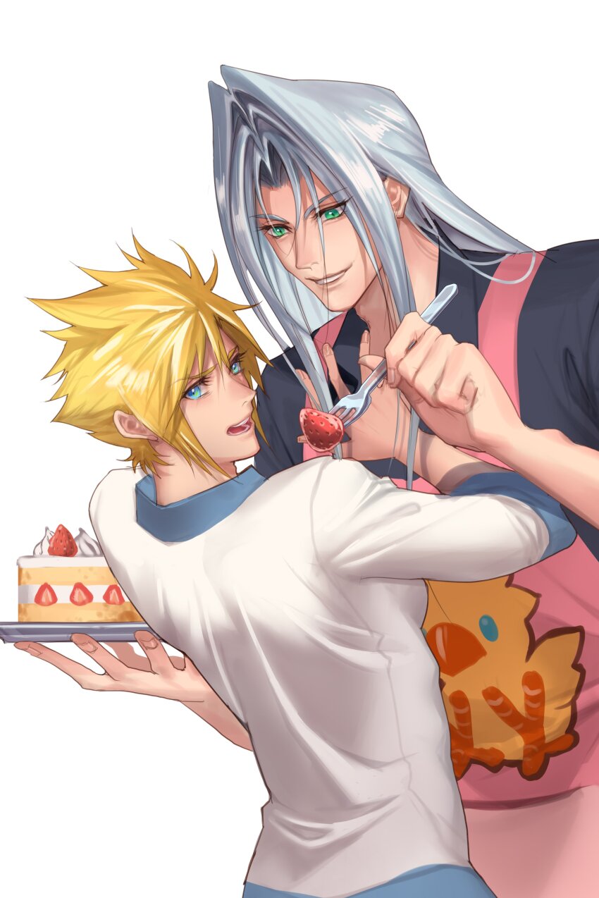 2boys absurdres apron black_shirt blonde_hair blue_shirt cake cloud_strife collared_shirt commentary cowboy_shot curtained_hair eilinna english_commentary final_fantasy final_fantasy_vii food fork fruit green_eyes grey_hair highres holding holding_fork holding_plate holding_utensil layered_sleeves long_sleeves looking_to_the_side male_focus multiple_boys open_mouth pink_apron plate sephiroth shirt short_over_long_sleeves short_sleeves sideways_glance simple_background smile strawberry strawberry_shortcake strawberry_slice teeth upper_teeth_only utensil white_background white_shirt wing_collar
