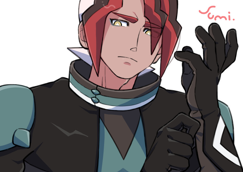 1boy absurdres adjusting_clothes adjusting_gloves bright_pupils closed_mouth commentary_request dark-skinned_male dark_skin gloves highres looking_down male_focus multicolored_hair nintendo pokemon pokemon_(anime) pokemon_horizons sidian_(pokemon) signature simple_background solo uminosumi_dai upper_body white_background white_pupils yellow_eyes
