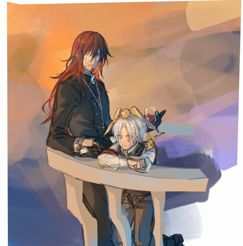 2boys abstract_background alcohol allen_walker balcony beer beer_glass black_coat black_gloves black_pants blue_background boots brown_boots brown_pants brown_vest cassock child coat colored_extremities creature creature_on_head cross cross_marian cross_necklace cup d.gray-man earrings facial_hair facial_mark glass gloves golem_(d.gray-man) gradient_background grey_eyes hair_between_eyes highres holding holding_cup jewelry kllmsshyd leaning_forward leaning_on_object long_hair looking_ahead looking_to_the_side male_focus mask mature_male multiple_boys necklace orange_background pants red_eyes red_facial_hair red_hair scar scar_on_face shirt short_hair sidelocks smile stud_earrings tail timcanpy vest white_background white_hair white_shirt wings