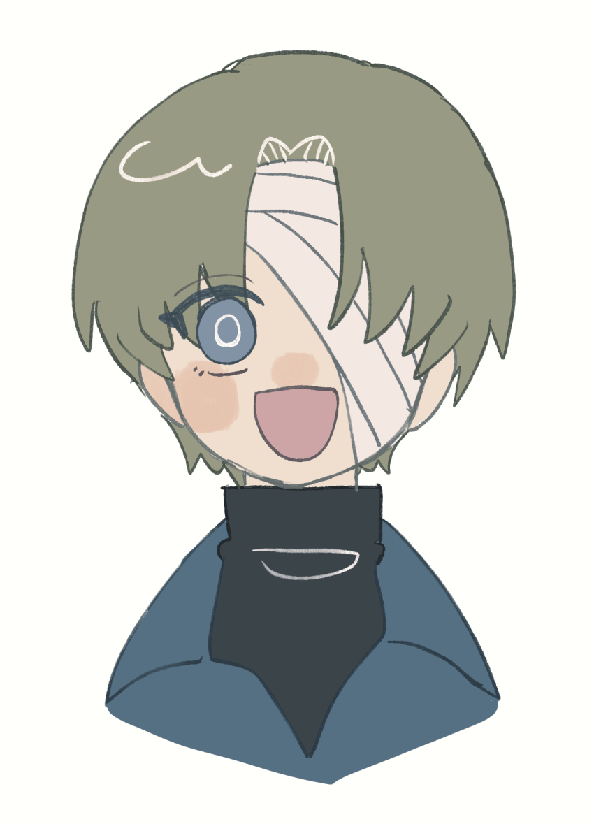 1boy bandage_over_one_eye black_sweater blonde_hair blue_eyes blue_jacket collared_jacket highres jacket kitaku_(ienikaeru) limbus_company looking_at_viewer open_mouth parted_bangs project_moon smile solo sweater tomah_(project_moon) turtleneck turtleneck_sweater upper_body