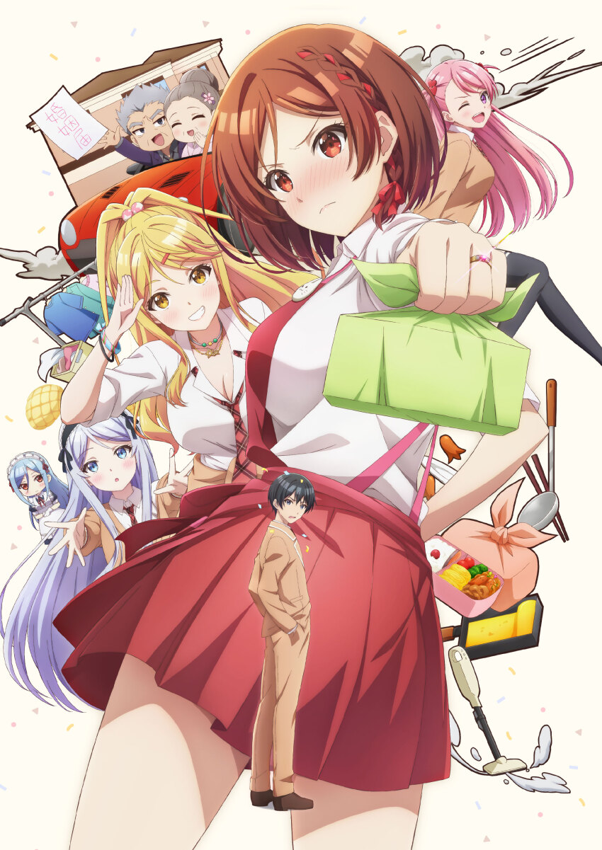 2boys 6+girls ;d absurdres aqua_sweater black_hair black_ribbon blazer blonde_hair blue_shirt blush breasts brown_cardigan brown_eyes brown_hair brown_jacket brown_pants building car cardigan chopsticks class_no_daikirai_na_joshi_to_kekkon_suru_koto_ni_natta. cleavage closed_mouth food full_body grin gyaru hair_ribbon hands_in_pockets highres holding holding_bento houjou_rui houjou_saito houjou_shisei house ishikura_himari jacket jewelry ladle long_hair long_sleeves maid motor_vehicle multiple_boys multiple_girls necktie official_art omelet one_eye_closed open_mouth pants pink_hair purple_eyes red_car red_necktie ribbon rice ring sakuramori_akane sakuramori_chiyo sakuramori_maho sausage school_uniform shirt short_hair short_sleeves simple_background smile sweater teeth tenryu_hojo thighs unworn_shirt unworn_sweater vacuum_cleaner wedding_ring white_background wrapped_bento yellow_eyes