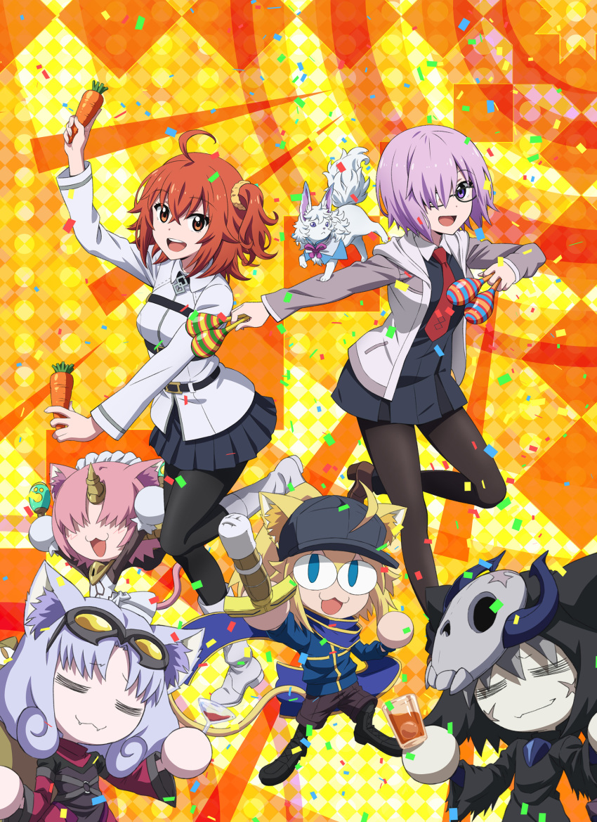 2girls absurdres ahoge alcohol artoria_pendragon_(fate) baseball_cap black_dress black_pantyhose black_skirt boots carmilla_(fate) carmilla_(fate)_(cosplay) carrot chaldea_uniform confetti cosplay cup dress drinking_glass fangs fate/grand_carnival fate/grand_order fate_(series) fou_(fate) frankenstein&#039;s_monster_(fate) frankenstein&#039;s_monster_(fate)_(cosplay) fujimaru_ritsuka_(female) glasses hair_ornament hair_over_one_eye hair_scrunchie hat highres horns instrument jacket key_visual king_hassan_(fate) king_hassan_(fate)_(cosplay) light_purple_hair long_sleeves looking_at_viewer maracas mash_kyrielight mask multiple_girls mysterious_heroine_x_(fate) mysterious_heroine_x_(fate)_(cosplay) mysterious_neco_v mysterious_neco_w mysterious_neco_x mysterious_neco_y necktie neco-arc neco-arc_chaos official_art open_mouth orange_eyes orange_hair pantyhose pleated_skirt promotional_art purple_eyes scar scar_on_face scarf scrunchie shinai short_hair side_ponytail single_horn skirt skull_mask smile sword tail teeth upper_teeth_only weapon white_footwear wine wine_glass