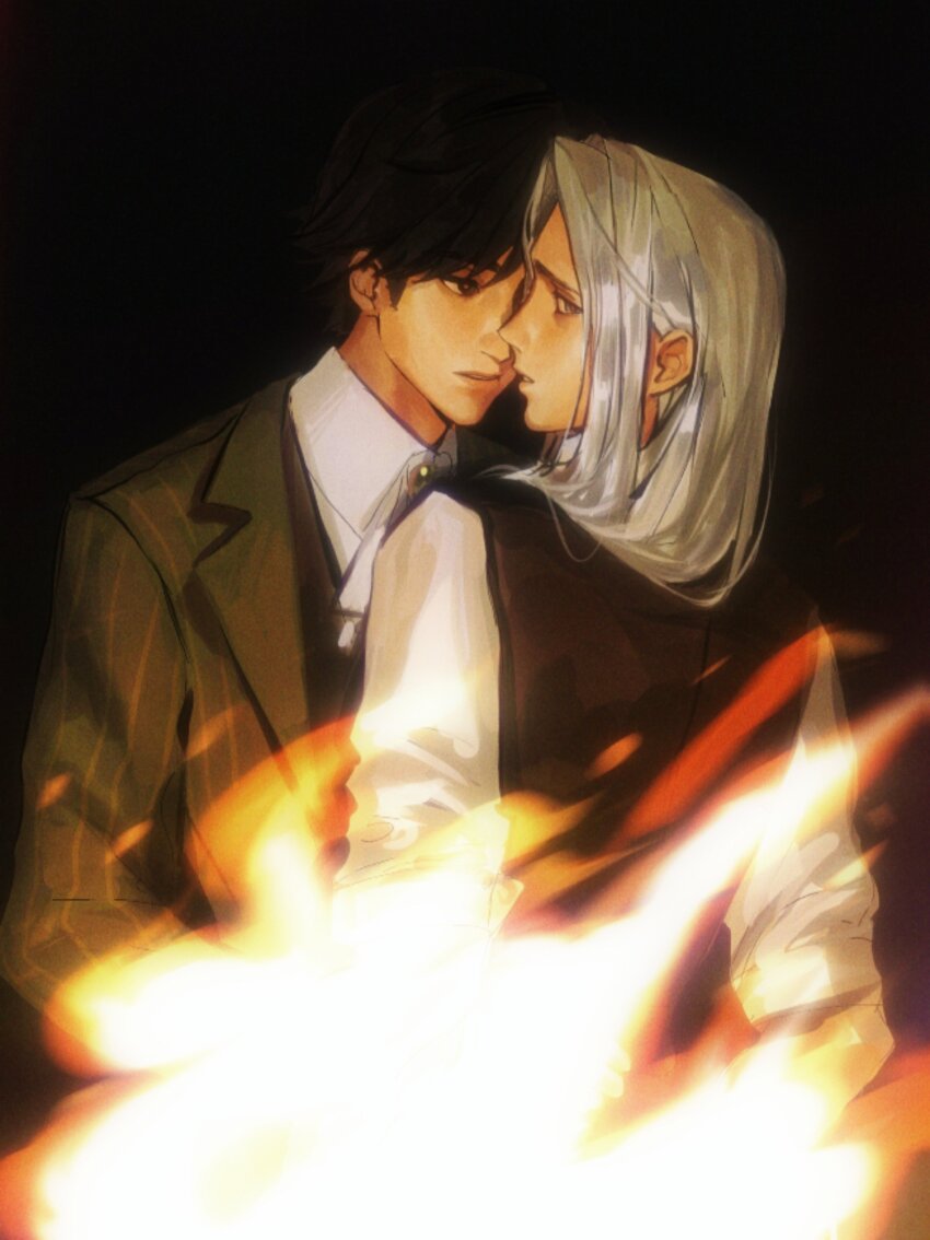 2boys absurdres alva_lorenz ascot black_background black_hair black_vest blue_eyes brooch brown_eyes collared_shirt commentary fire green_jacket herman_balsa highres identity_v imminent_kiss jacket jewelry long_hair long_sleeves looking_at_another male_focus multiple_boys parted_lips qiu_shandai_jiayang_shu shirt short_hair sleeves_rolled_up symbol-only_commentary upper_body vest white_hair white_shirt yaoi