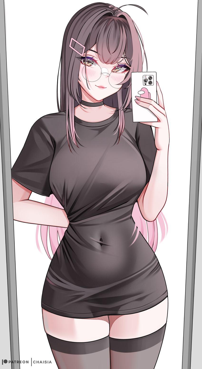 1girl absurdres ahoge black_choker black_shirt blush breasts chaisia_art choker closed_mouth colored_inner_hair covered_navel crewmate_(among_us) eyelashes glasses grey_eyes hair_intakes hair_ornament highres holding holding_phone lips long_hair mirror_selfie multicolored_hair original patreon_username phone pink_hair round_eyewear selfie shirt solo thighhighs thighs zettai_ryouiki