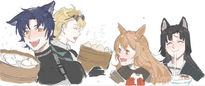 2boys 2girls :3 ahoge ambience_synesthesia animal_ears apron arknights steamed_bun black_hair black_jacket black_scarf blonde_hair blush brown_hair ceobe_(arknights) chinese_commentary closed_eyes collared_shirt commentary_request dog_boy dog_ears dog_girl ear_piercing earrings eating emjus eyewear_on_head food gloves green_scarf hair_between_eyes holding holding_food jacket jewelry long_hair looking_at_object multiple_boys multiple_girls noodles open_clothes open_jacket open_mouth orange_eyes piercing red_eyes red_gloves saga_(arknights) scarf shirt smile sunglasses tequila_(arknights) tequila_(cardwinner)_(arknights) turtleneck windflit_(arknights)