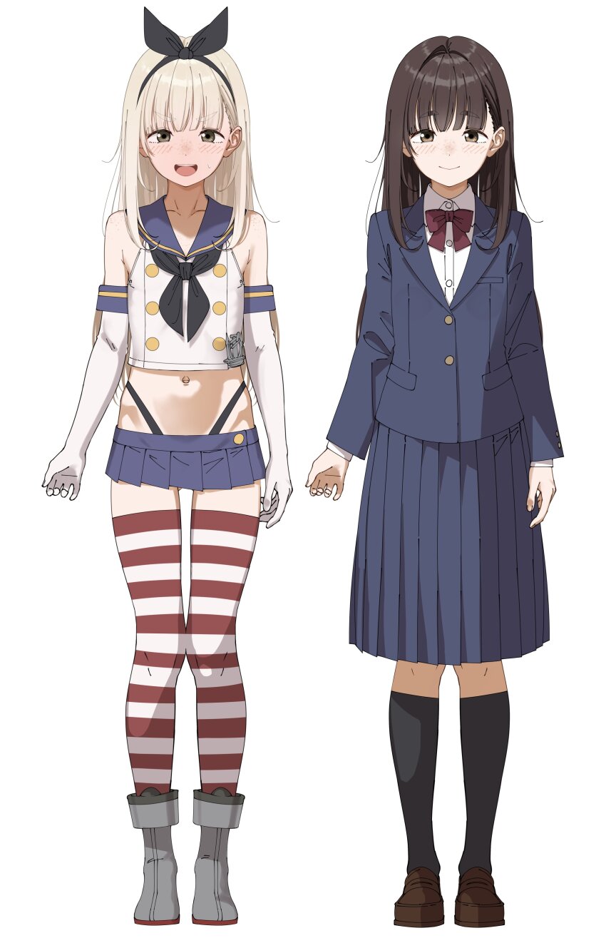 1girl absurdres black_panties blonde_hair blue_sailor_collar brown_hair commentary_request cosplay elbow_gloves flat_chest full_body gloves grey_eyes highleg highleg_panties highres kantai_collection looking_at_viewer microskirt multiple_views navel open_mouth original panties sailor_collar school_uniform shimakaze_(kancolle) shimakaze_(kancolle)_(cosplay) shinomu_(cinomoon) skirt smile straight-on striped_clothes striped_thighhighs thighhighs underwear