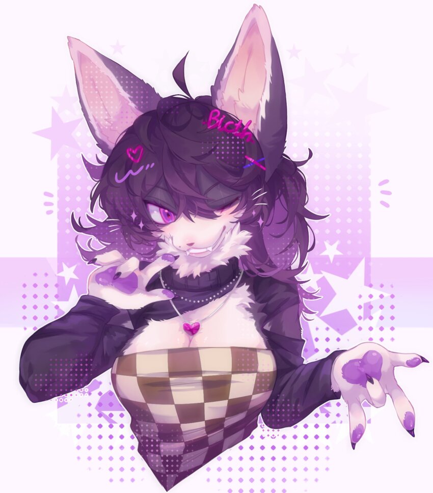 1girl ahoge animal_ears animal_hands animal_nose black_fur black_hair black_sweater breasts cat_ears cat_girl checkered_tube_top claws cleavage commentary commission cropped_shoulders fangs fluffy furry furry_female gem gradient_hair grin hair_ornament heart heart_hair_ornament heart_necklace highres jewelry large_breasts long_sleeves medium_hair multicolored_hair necklace neku_boo one_eye_closed open-chest_sweater original pawpads profanity purple_eyes purple_hair smile snout solo strapless sweater text_hair_ornament tube_top typo