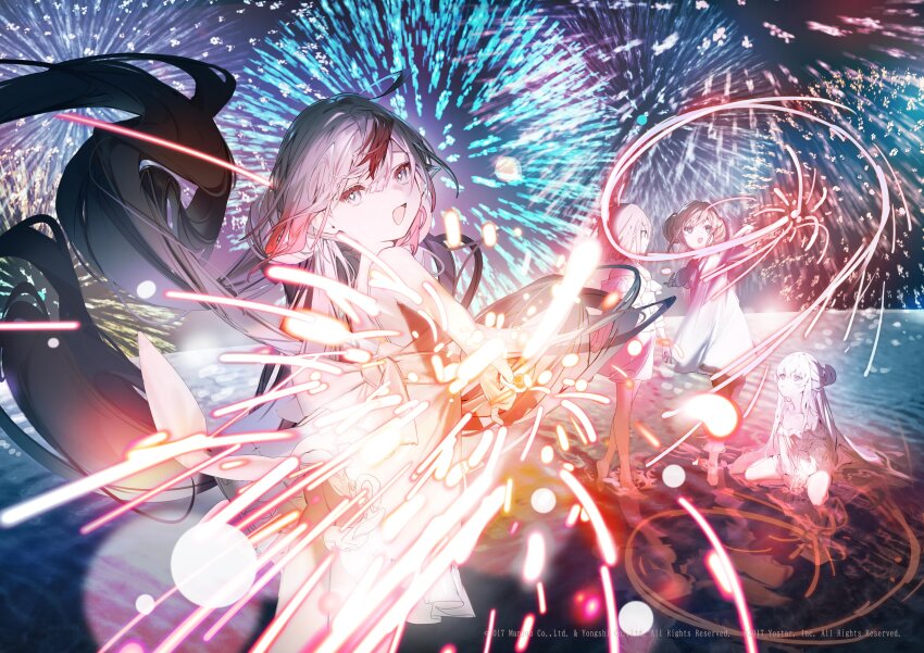 4girls absurdres aerial_fireworks azur_lane bare_shoulders barefoot bob_cut double_bun fireworks floating_hair hair_bun highres holding holding_fireworks l&#039;indomptable_(azur_lane) le_malin_(azur_lane) le_terrible_(azur_lane) le_triomphant_(azur_lane) long_hair looking_at_another looking_at_viewer multicolored_hair multiple_girls nishikikope official_art open_mouth red_hair reflection short_hair sitting smile standing streaked_hair very_long_hair water white_hair