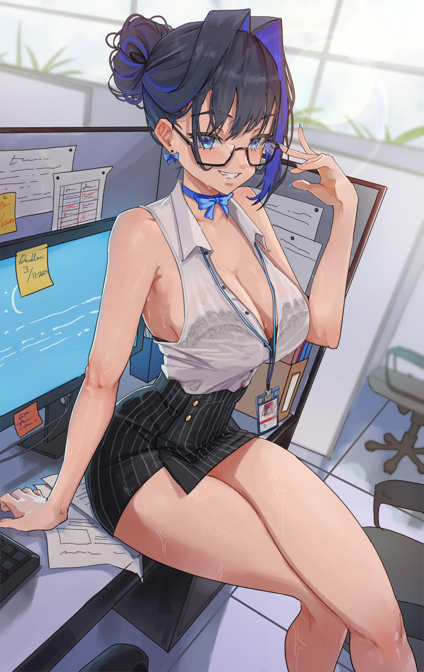 1girl adapted_costume adjusting_eyewear alternate_costume archinoer bare_shoulders black_bra black_hair blue_eyes blue_hair blue_ribbon blue_screen_of_death blush bow bow_earrings bra bra_visible_through_clothes breasts collared_shirt commentary crossed_legs dripping earrings english_commentary glasses hair_intakes highres hololive hololive_english hot jewelry lace lace-trimmed_bra lace_trim large_breasts looking_at_viewer microsoft_windows miniskirt office_lady ouro_kronii ouro_kronii_(1st_costume) ribbon see-through_clothes see-through_shirt semi-rimless_eyewear shirt short_hair sideboob skirt sleeveless sleeveless_shirt smile solo sweat sweaty_clothes underwear very_sweaty virtual_youtuber wet wet_clothes white_shirt windows_10