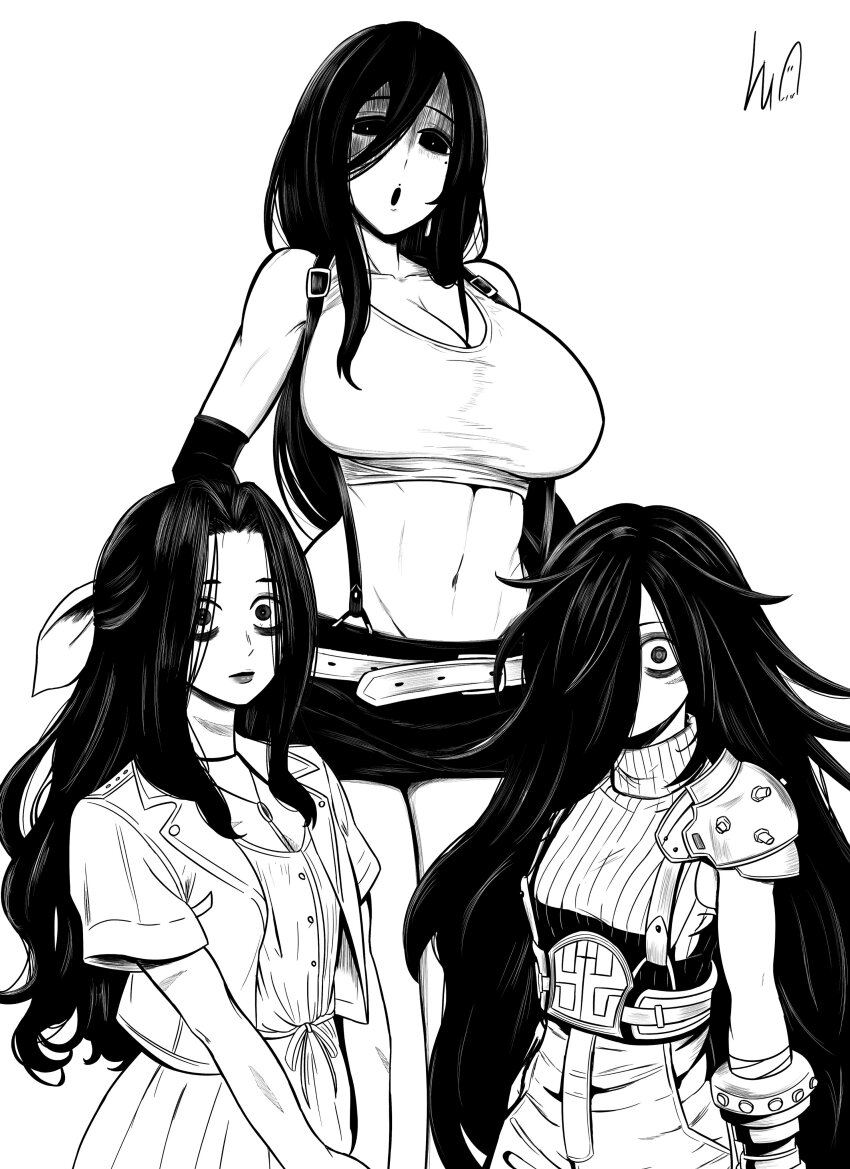 3girls :o absurdres aerith_gainsborough aerith_gainsborough_(cosplay) breasts cleavage cloud_strife cloud_strife_(cosplay) commentary constricted_pupils cosplay crop_top crossover dress english_commentary facial_scar final_fantasy final_fantasy_vii hair_over_one_eye hasshaku-sama highres huge_breasts jacket japanese_urban_legends jewelry long_hair lughost medium_breasts microskirt military_vehicle motor_vehicle multiple_crossover multiple_girls navel necklace open_mouth pencil_skirt saeki_kayako scar scar_on_cheek scar_on_face shaded_face signature single_shoulder_pad skirt suspender_skirt suspenders tank the_grudge the_ring tifa_lockhart tifa_lockhart_(cosplay) very_long_hair yamamura_sadako