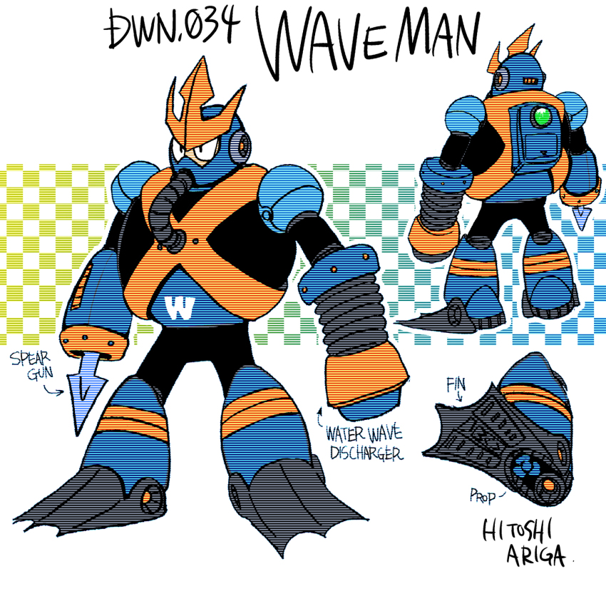 1boy android ariga_hitoshi arm_cannon armor artist_name black_bodysuit black_eyes blue_armor blue_background blue_footwear bodysuit boots character_name reference_sheet checkered_background commentary_request concept_art dual_arm_cannons english_text from_behind full_body gem gradient_background green_gemstone helmet highres industrial_pipe joints knee_boots green_background looking_ahead male_focus mega_man_(classic) mega_man_(series) mega_man_5 mega_man_megamix multiple_views no_humans no_mouth polearm propeller robot robot_ears robot_joints scanlines shoe_soles simple_background spear standing three_quarter_view turnaround wave_man weapon white_background