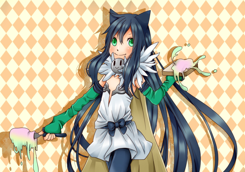 1girl alchemist_(ragnarok_online) alternate_color animal_ears belt black_belt black_hair black_pantyhose blush bread bread_slice brown_cape cape cat_ears cat_girl checkered_background closed_mouth commentary_request cowboy_shot detached_sleeves dress flat_chest food fur_collar green_eyes green_sleeves holding holding_food long_hair looking_at_viewer meiko_(nattu303) orange_background pantyhose ragnarok_online smile solo strapless strapless_dress toast vanilmirth_(ragnarok_online) very_long_hair white_dress
